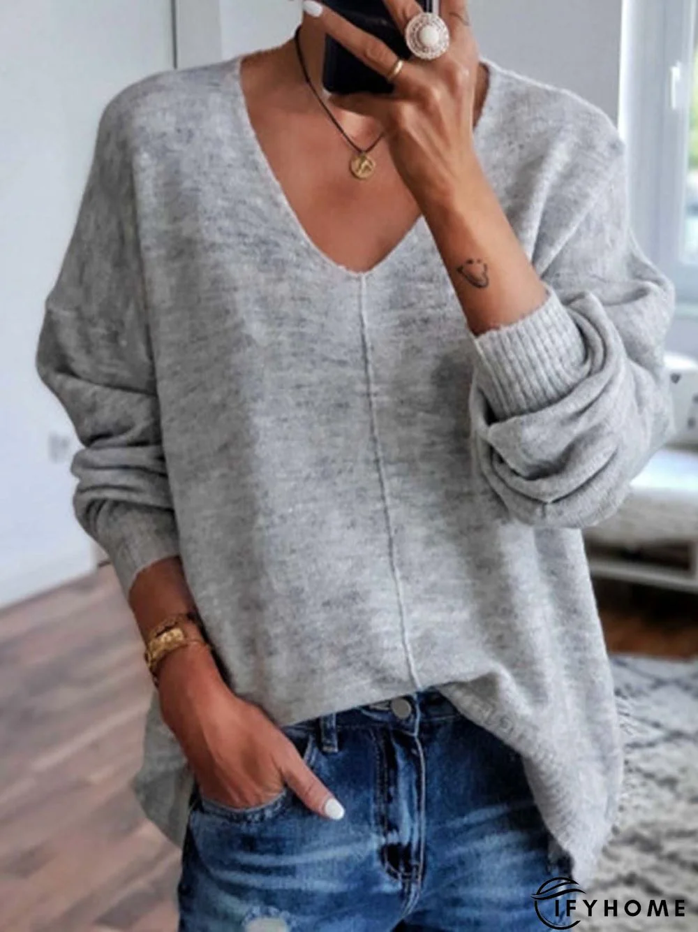 Solid Long Sleeve V-neck Knitted Top | IFYHOME