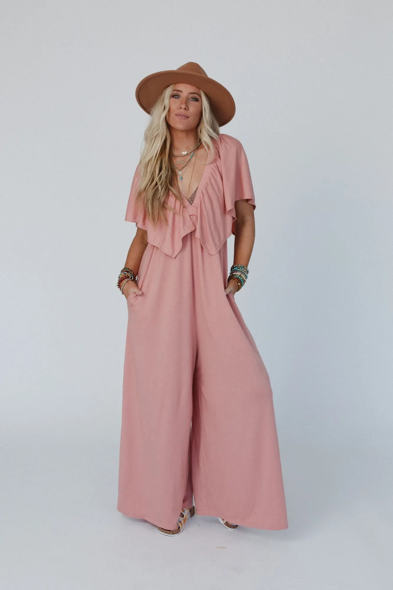 The Nest On Repeat Open Back Ruffle Jumpsuit - Shadow Blush