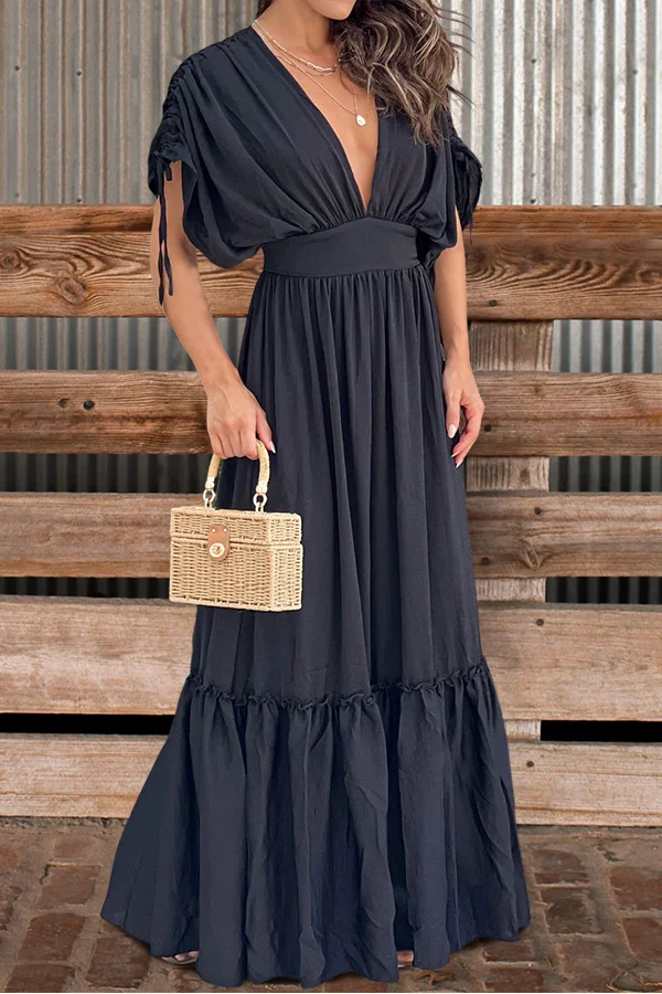 Deep V-Neck Drawstring Sleeve Dress