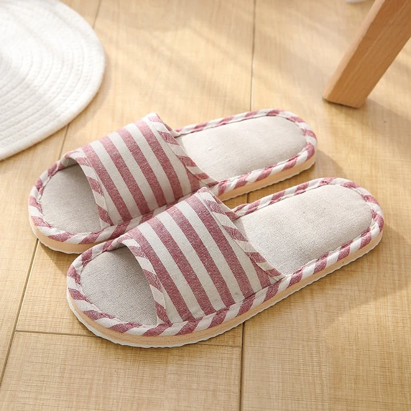 Linen Indoor Slippers Four Seasons Striped Cotton Slippers Couples Absorbing Sweat Soft Bottom Home Wood Floor Sandals