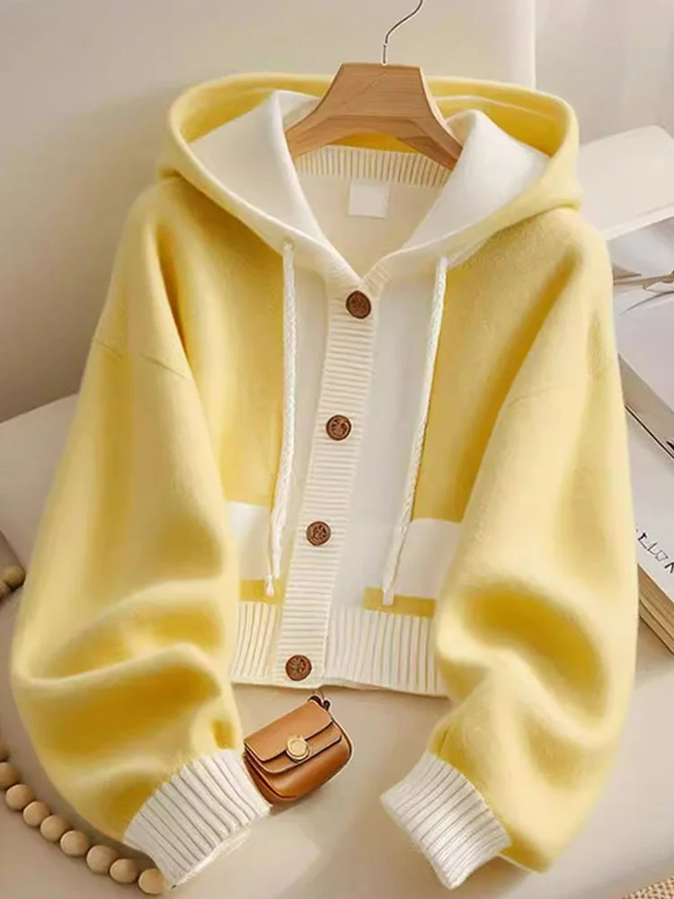Athvotar Athvotar Style Yellow Splicing Hood Design Sweater Coat Knitted Cardigan Showing Lean Long Sleeves Loose Casual Top