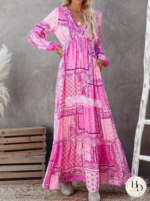 Dresses V-Neck Geometric Pattern Long Sleeve Dress for Women