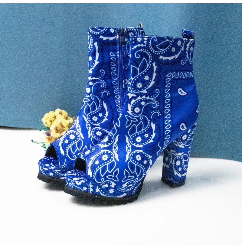 Back to college Bandana Women Ankle Boots Peep Toe Woman Footwear Zip Shoes Platform Leather Graffiti Square Heels Fashion Botas Mujer Big Size