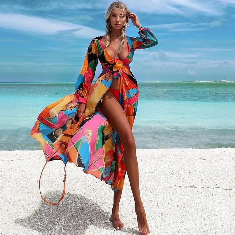 Colorful Print Long Sleeve Bikini Beach Cover Up