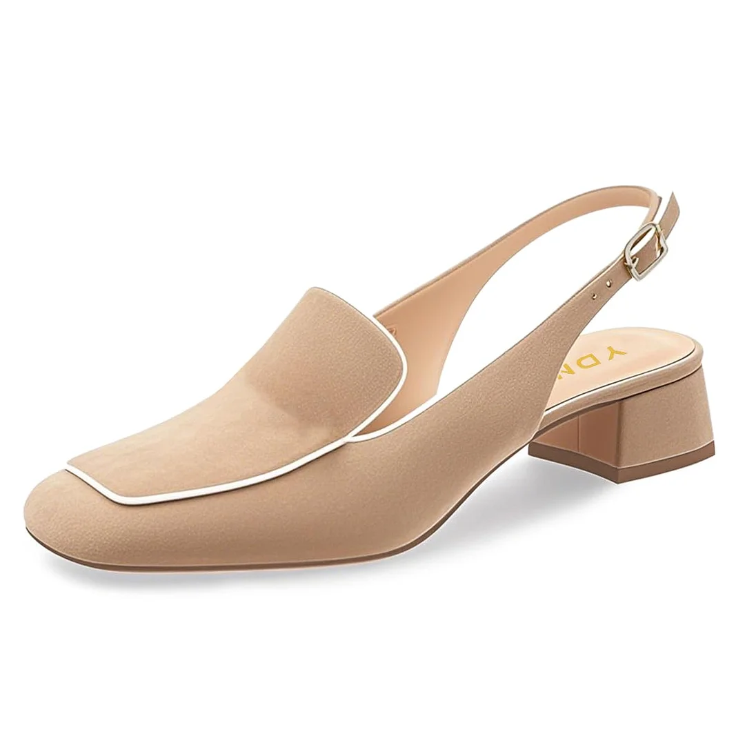 Classic Nude Square Toe Slingback Chunky Heeled Loafers Women