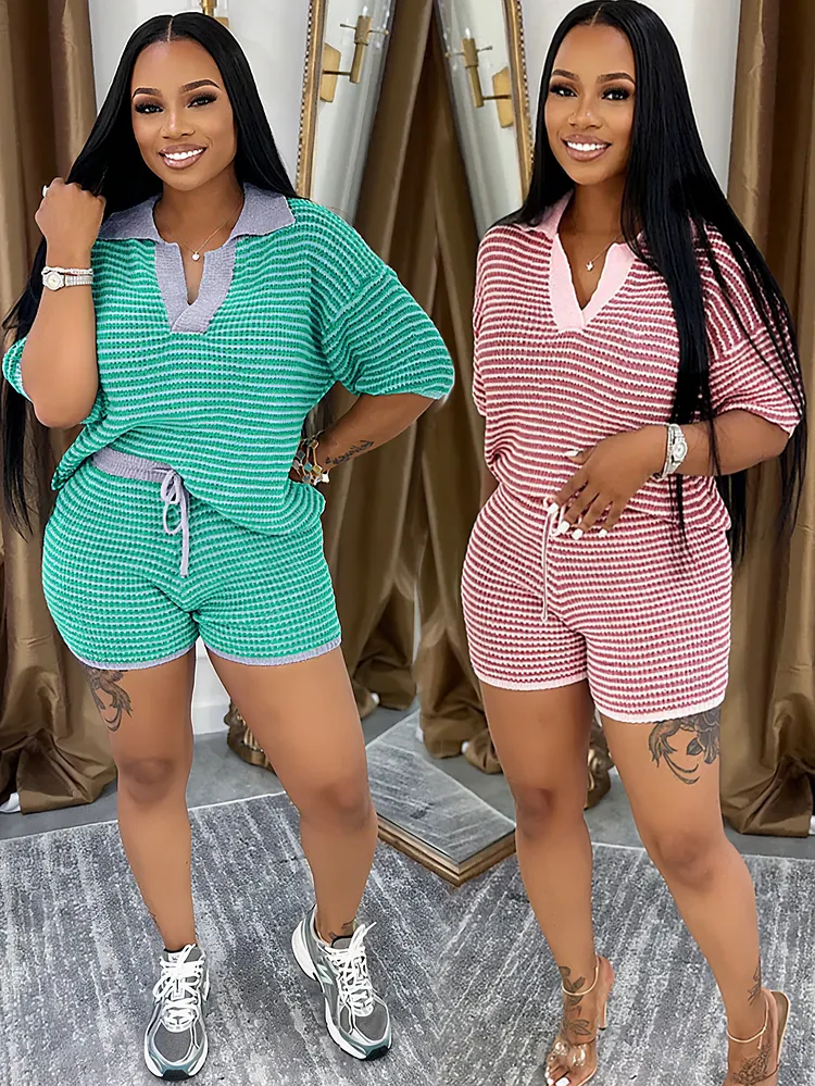 Casual Striped Textured Matching Outfit, V Notch Polo Short Sleeve Top and High Waist Drawstring Shorts Two Piece Set For Daily Wear