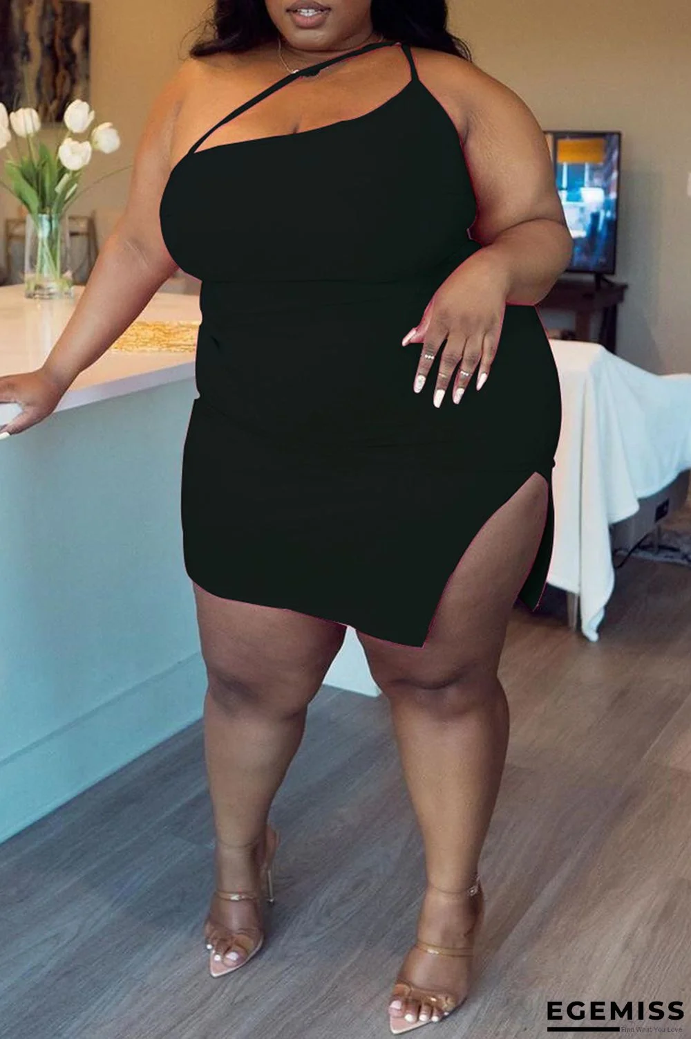 Black Fashion Sexy Plus Size Solid Backless Slit One Shoulder Sleeveless Dress | EGEMISS