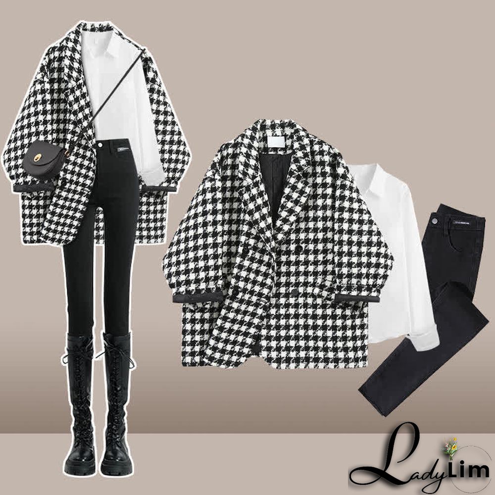 Chic Lattice Print Lapel Blazer T-Shirt High Waist Slim Denim Pants