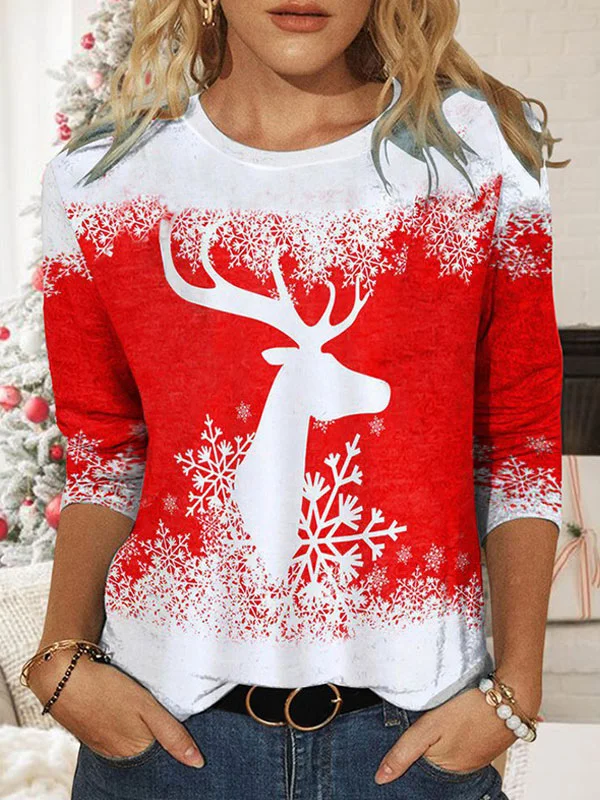 Christmas moose cotton print ladies tops