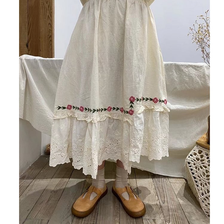 Queenfunky cottagecore style Linen Embroidered Lace Hem Skirt QueenFunky