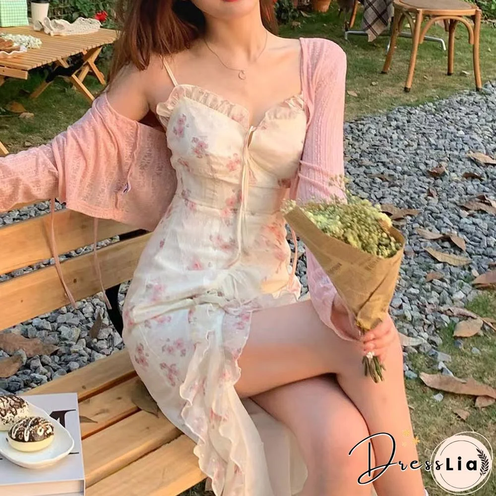 Summer Floral Sleeveless Midi Dress Elegant Sexy French Vintage Strap Dresses Woman Party One Piece Korean Fashion Robe Y2K