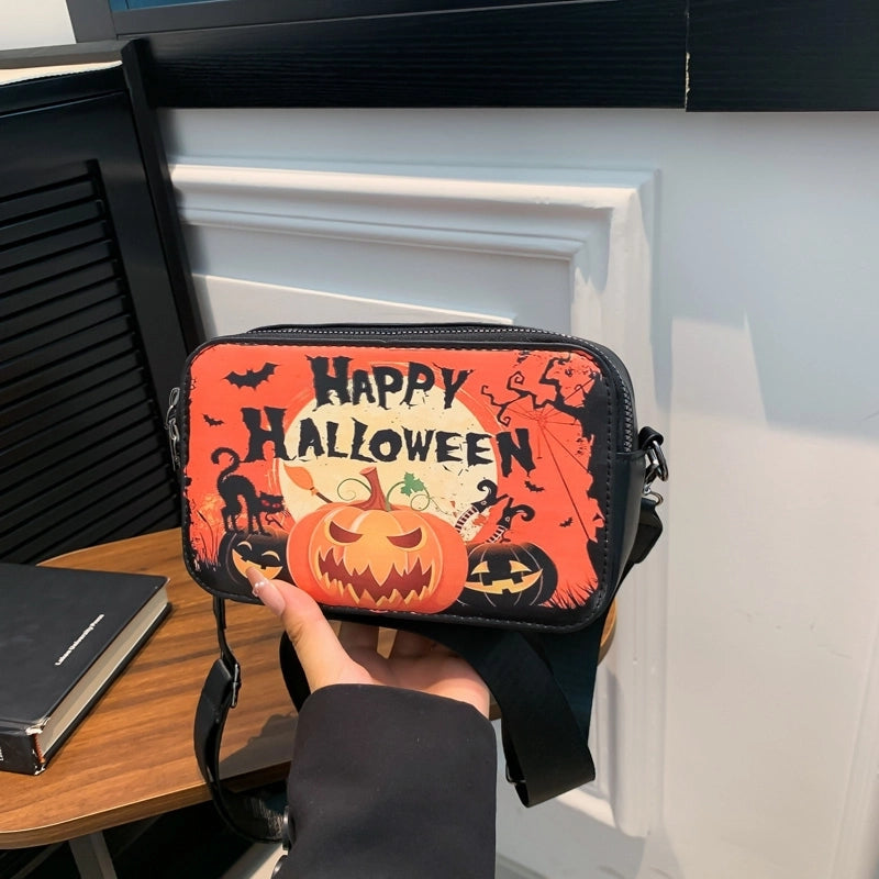 Halloween Women’s Pu Leather Pumpkin Letter Ghost Streetwear Square Zipper Shoulder Bag Crossbody Bag