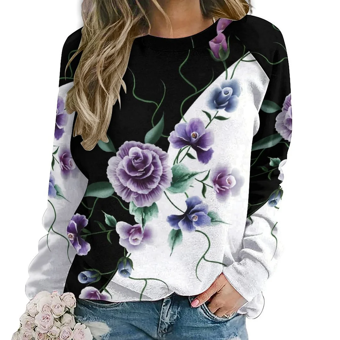 Printed Long Sleeve Casual Sweatshirt for  Women and Men Unisex Pattern Black, Floral, Purple, Blue