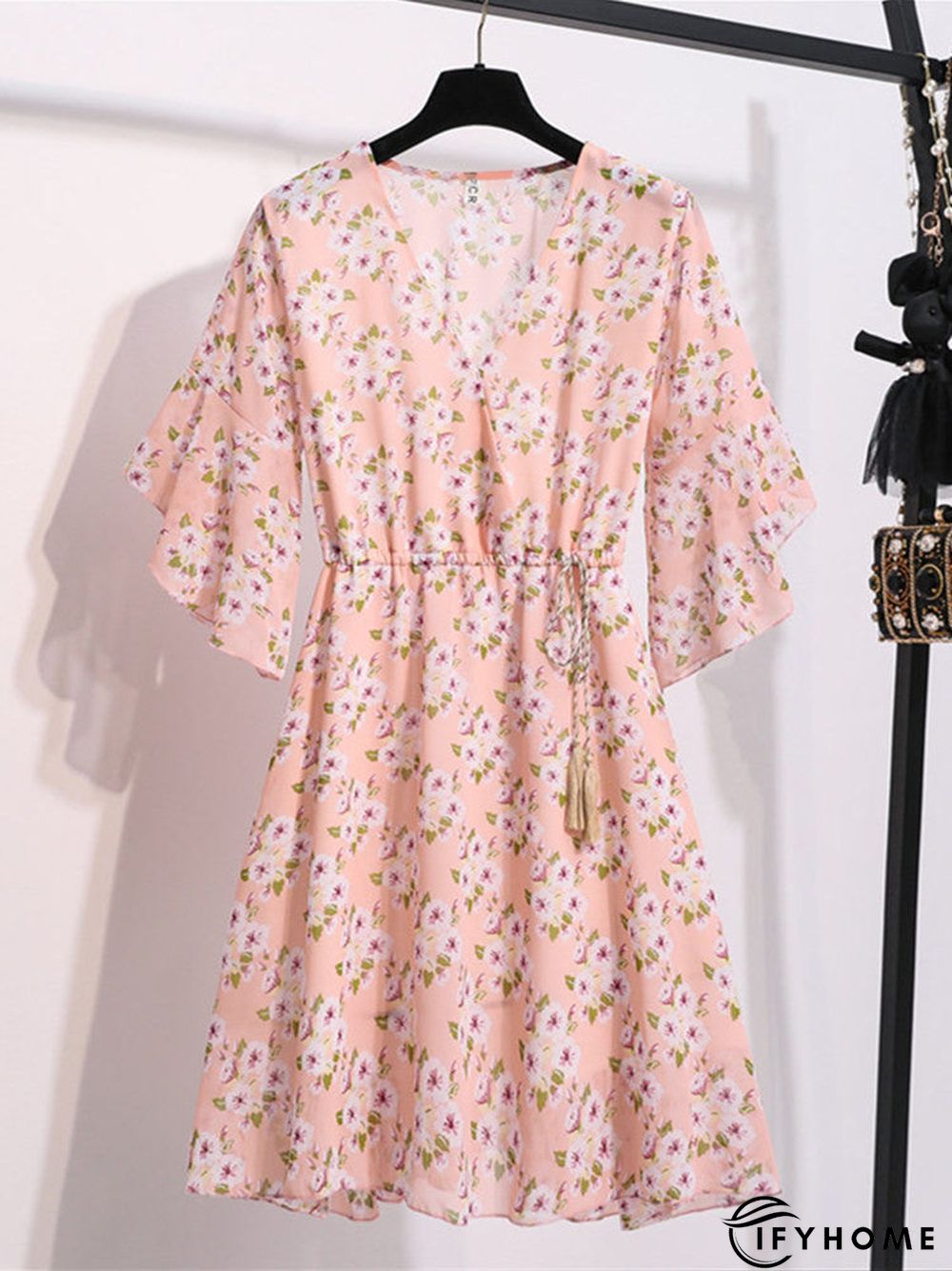 Spring Summer Chiffon Women V-Neck Floral Print Short Dresses Sweet Ruffle Sleeeve Slim Drawstring Ladies Dress | IFYHOME