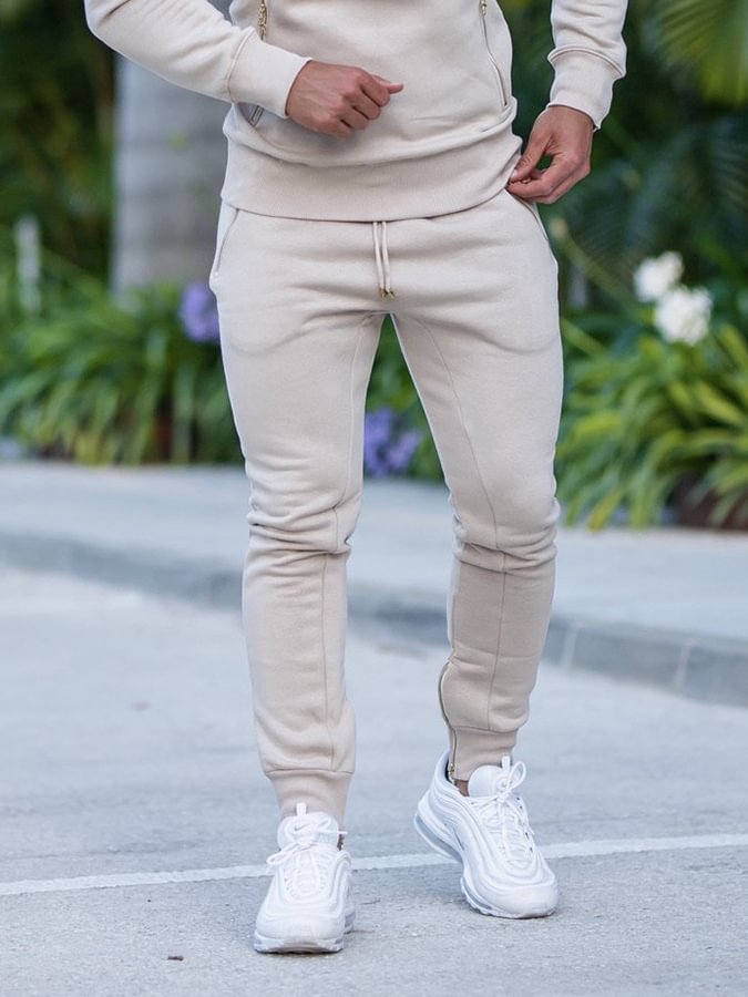 Men's Beige Golden Zipper Details Casual Pants