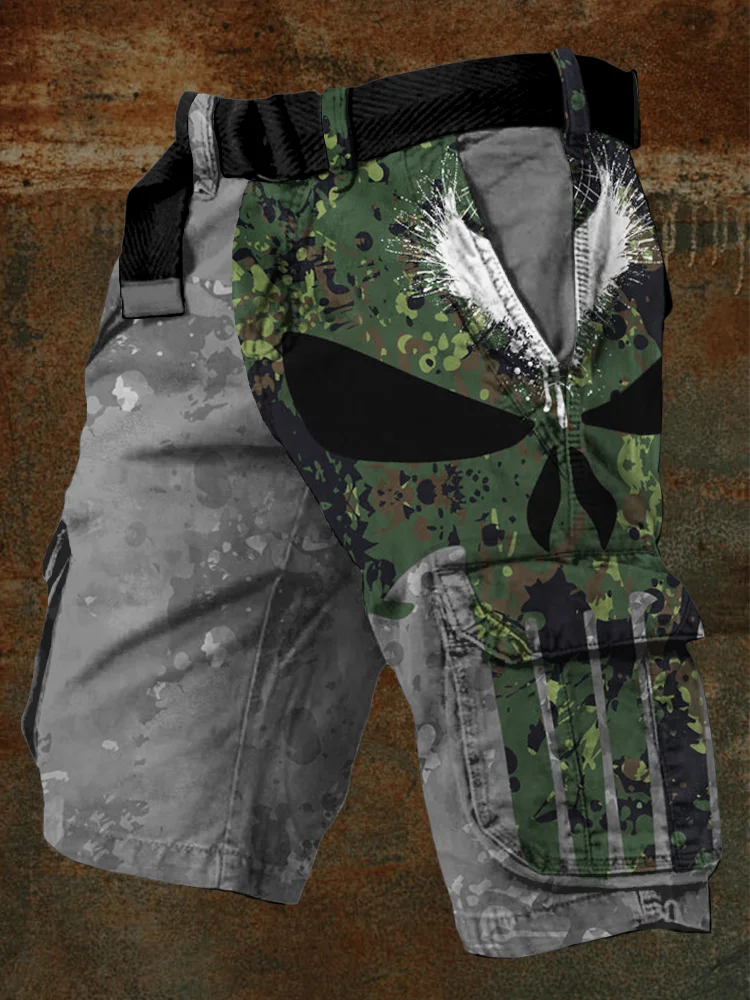 Comstylish Men's Viking Vegvisir & Skull Camo Cargo Shorts