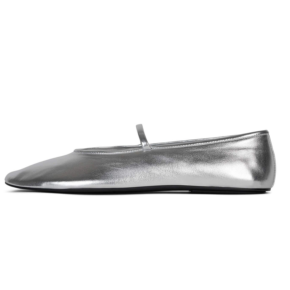 Silver Vegan Leather Round Toe Flat Strappy Ballet Shoes Nicepairs