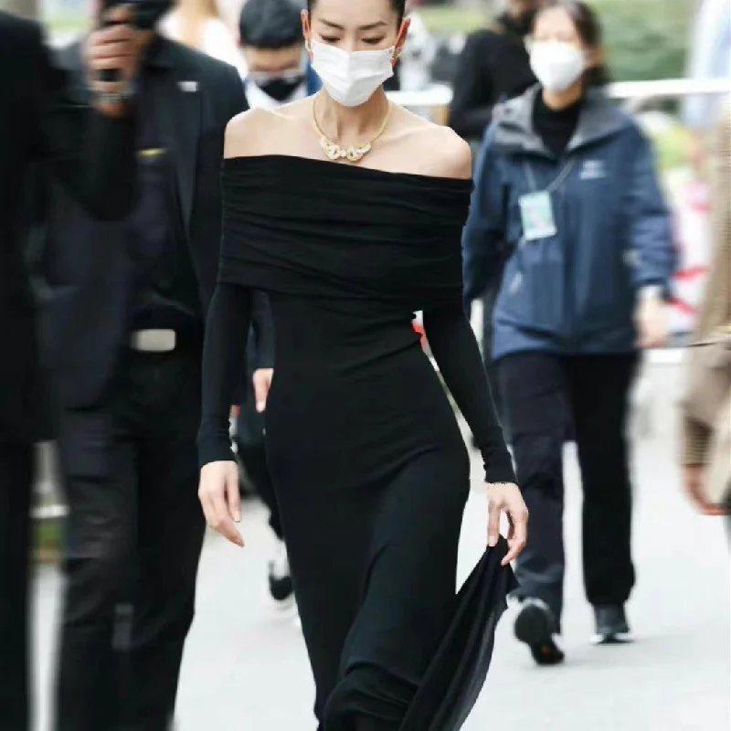 Uveng Uveng Autumn Women's Liu Wen With A Sexy Shoulder French Temperament Slim Dress
