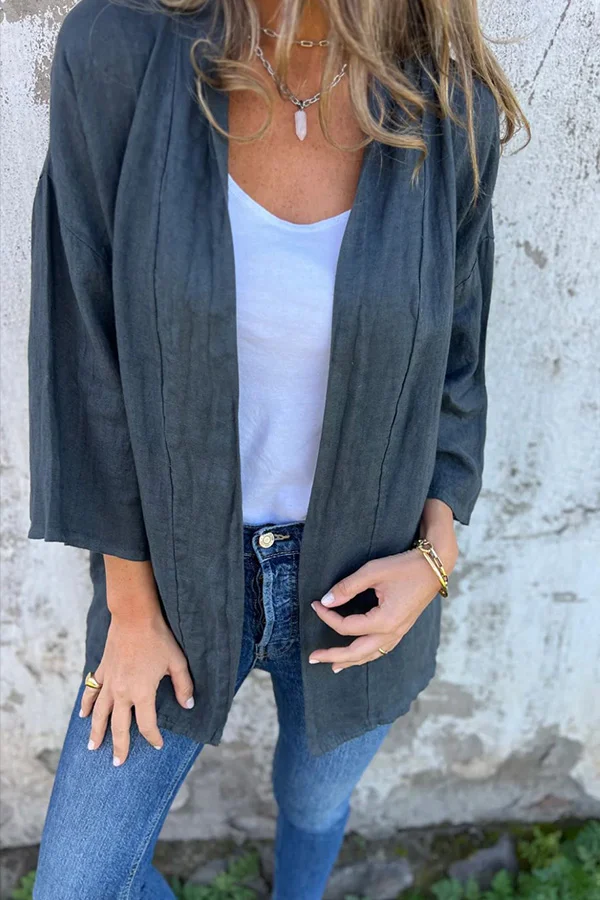 CASUAL RUCHED 3/4 SLEEVE LINEN CARDIGAN