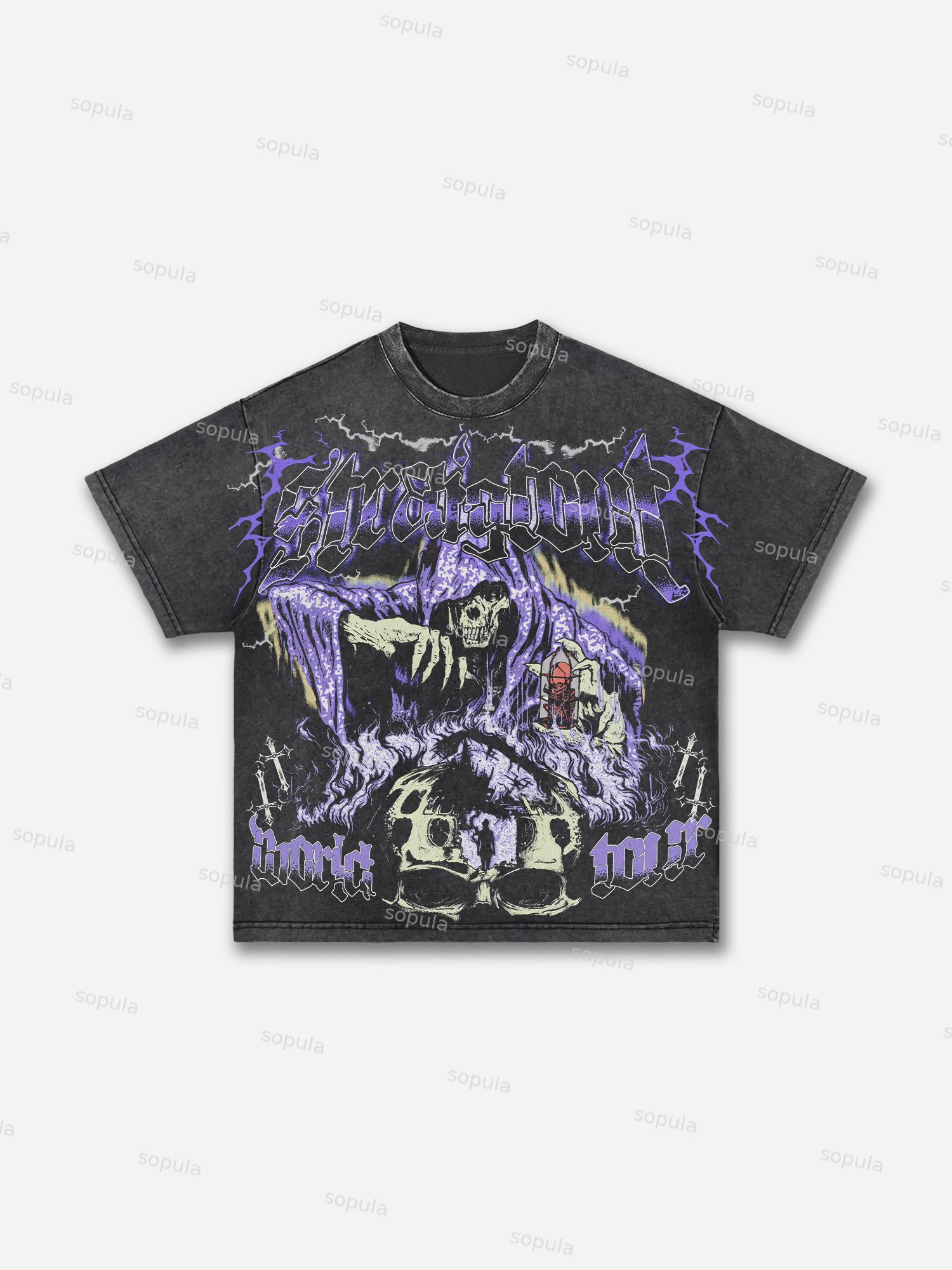 Vintage Grim Reaper Skull Graphic Print Acid Wash T-shirt