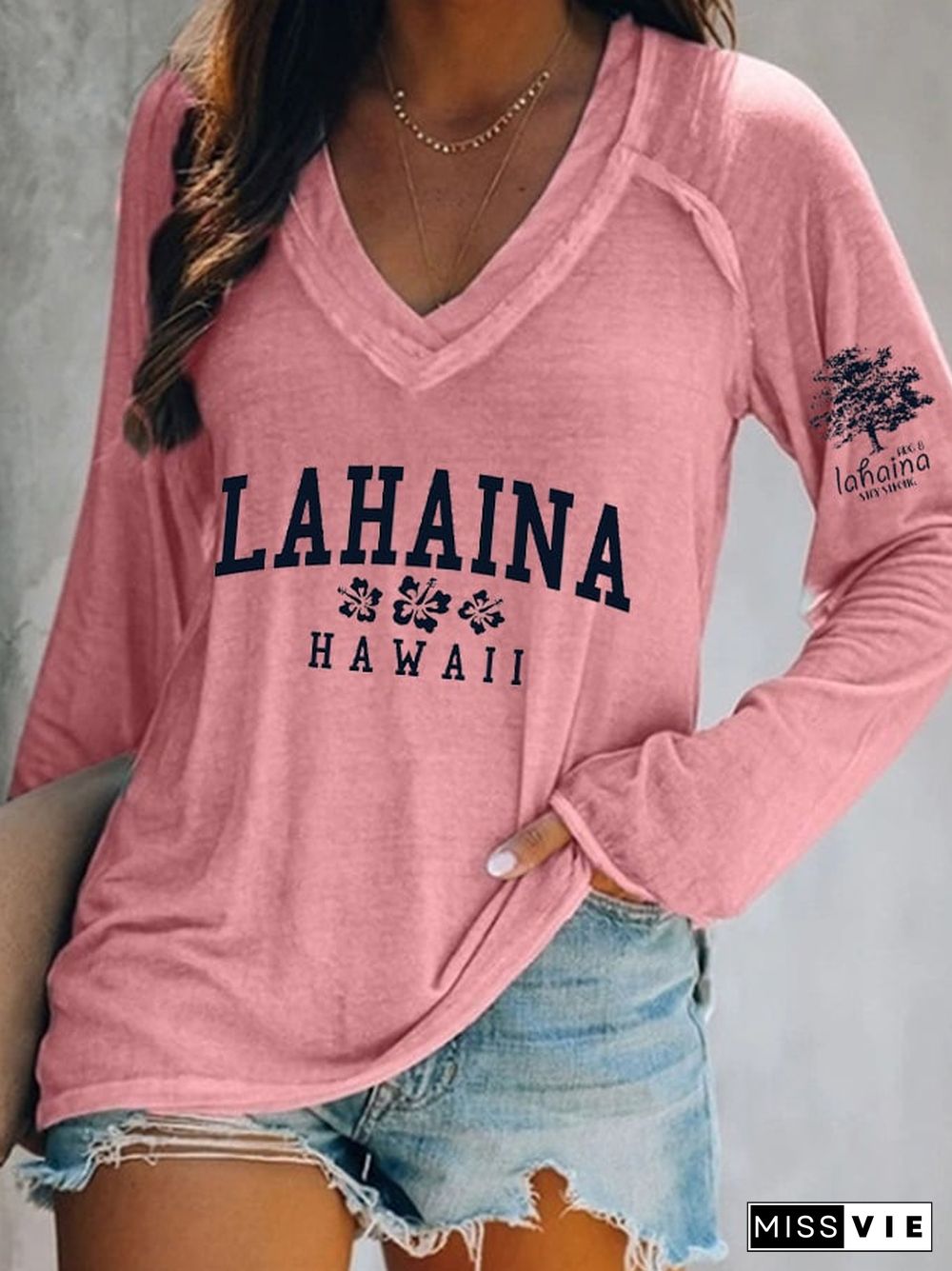 Women's Lahaina Strong Hawaii Tree of Life Aug 8 Hibiscus Print V-Neck Top
