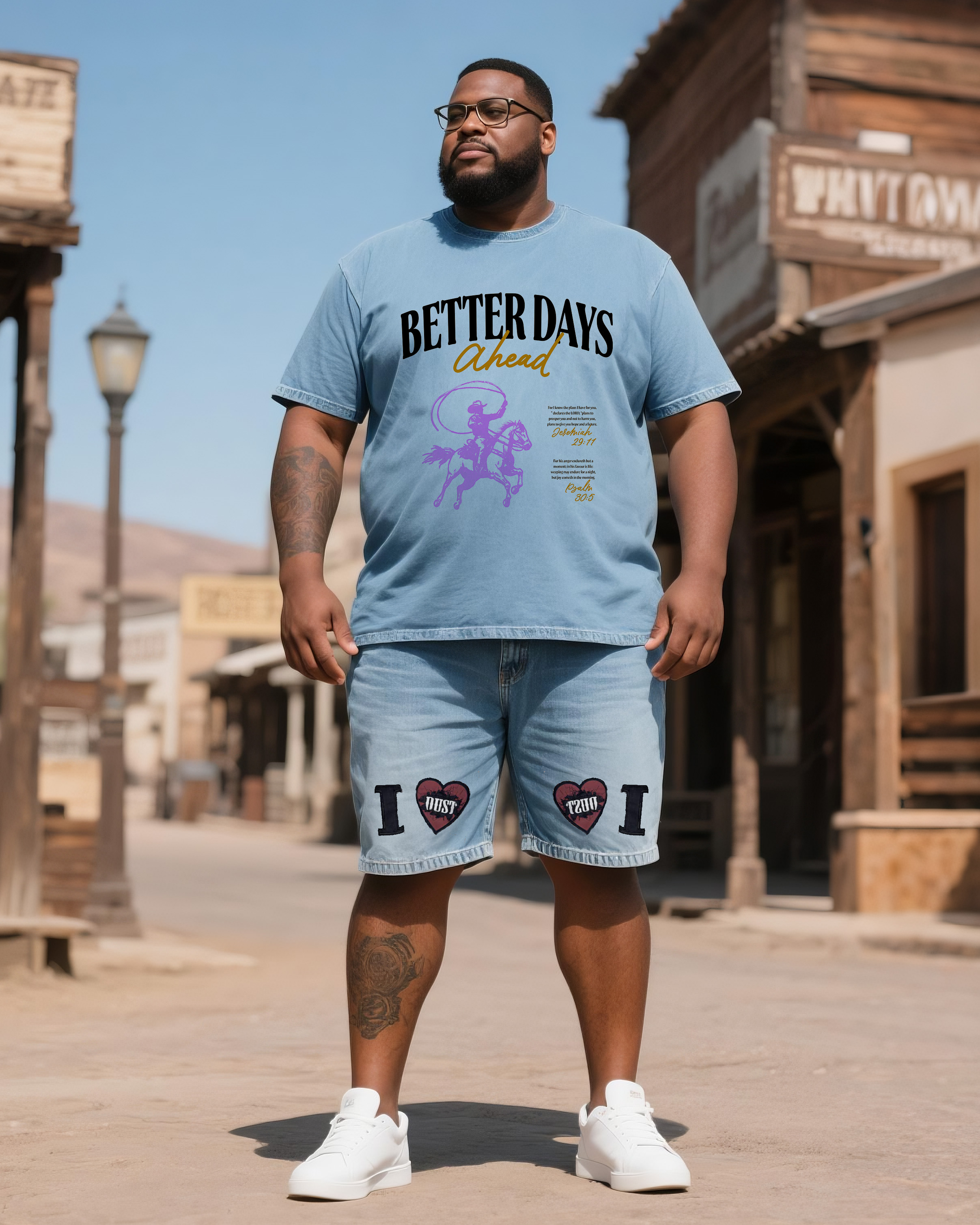 Big & Tall Men's Western Printed Short Sleeve T-Shirt. Collage Shorts Denim Suit