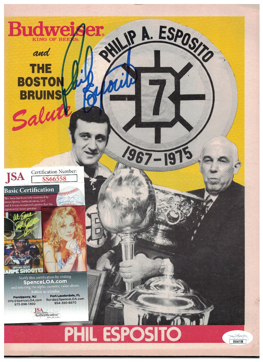 Phil Esposito Boston Bruins Signed 9 x 11 1/2 Photo Poster painting Display JSA Certified