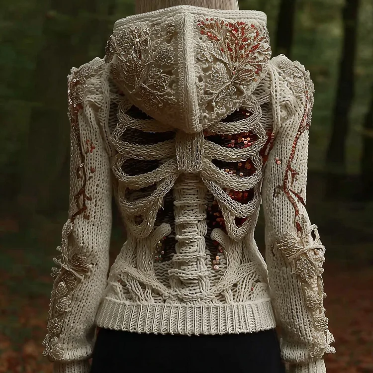 Vintage Skeleton Plant Veins Inspired Sequins Art Cozy Zipper Hooded Sweater
