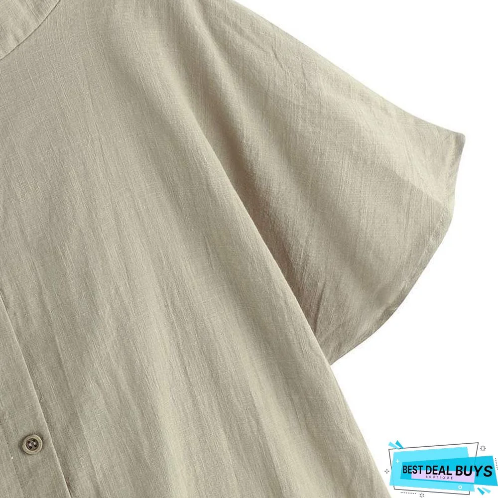 Oversized Vintage Cotton Tops Women Blouses Short Sleeve Buttons Casual Shirts Pockets Loose Tops