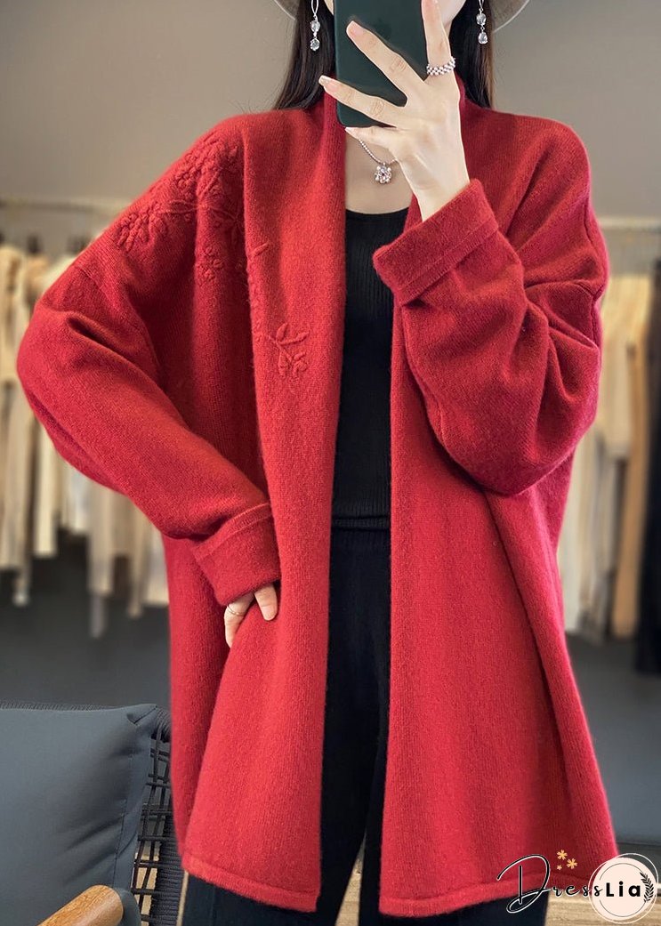 Loose Red V Neck Embroideried Cashmere Cardigan Top Fall