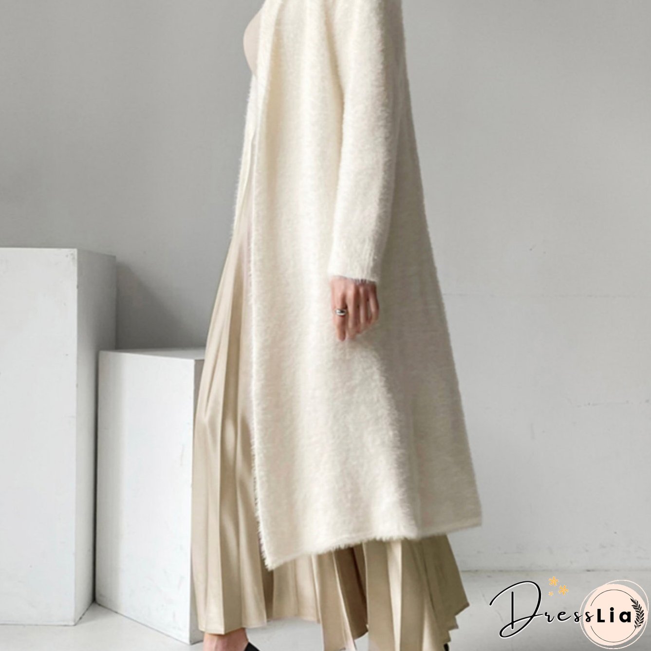 Long Length Fuzzy Knit Cardigan, Casual Open Front Long Sleeve Sweater, Women's Clothing