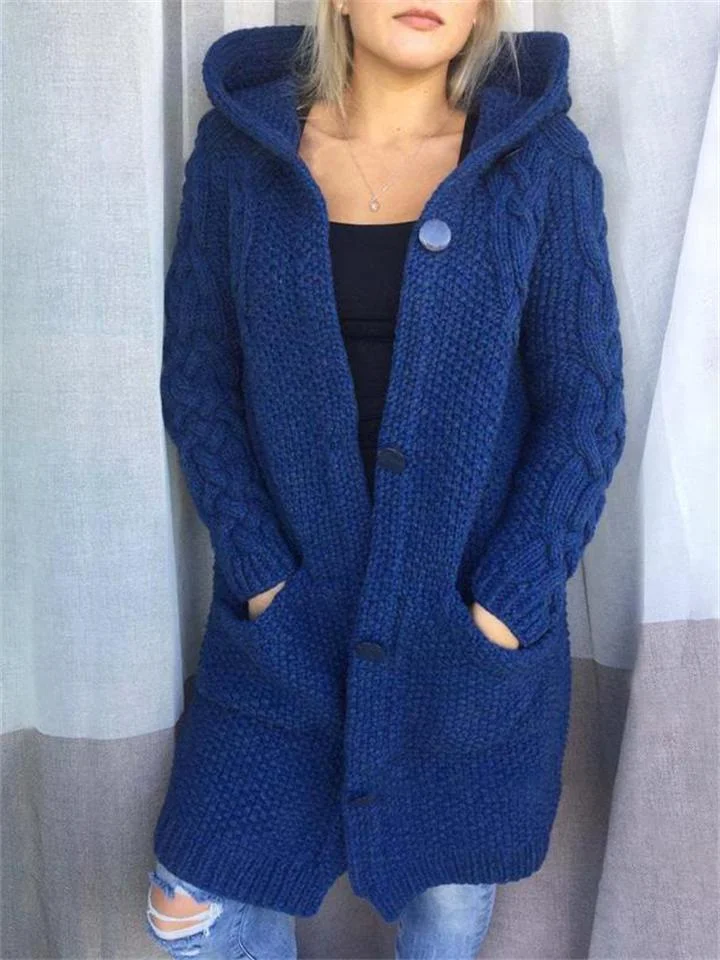 Women's Warm Button Up Hooded Long Sweater Cardigan