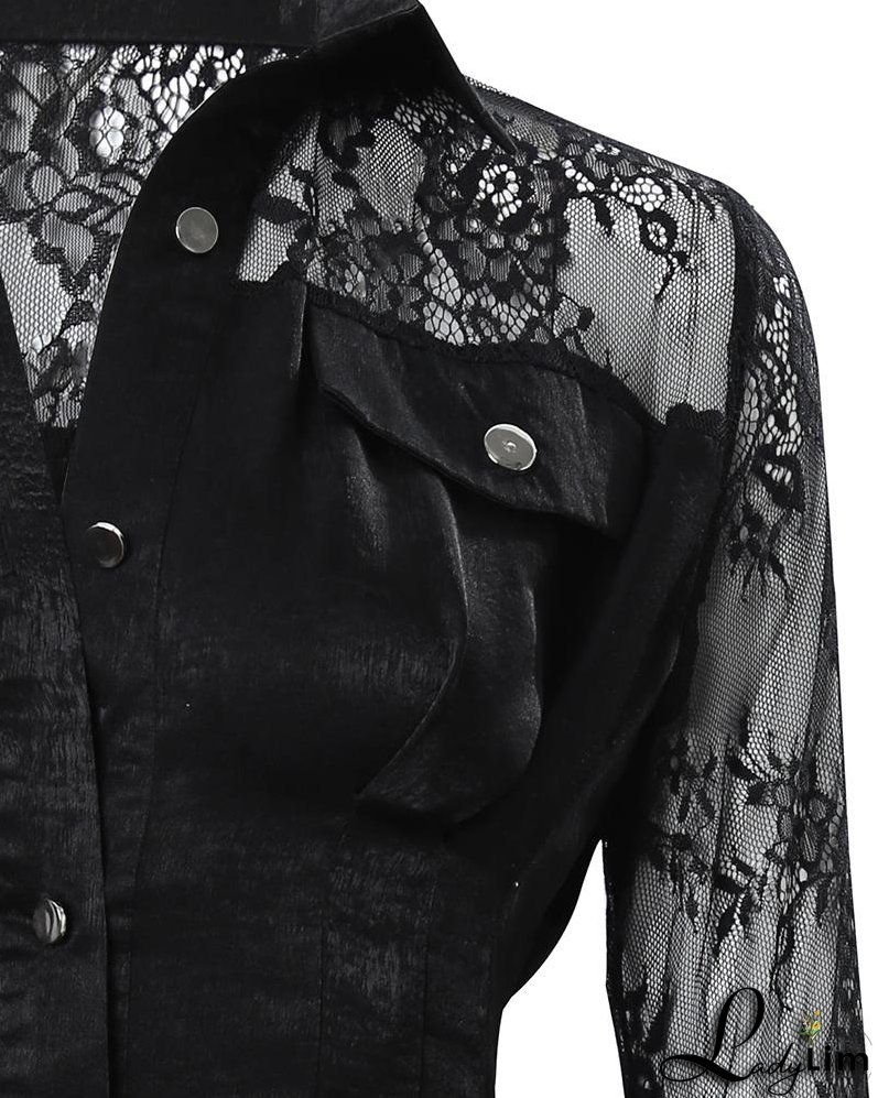 Contrast Lace Long Sleeve Button Down Shirt Dress