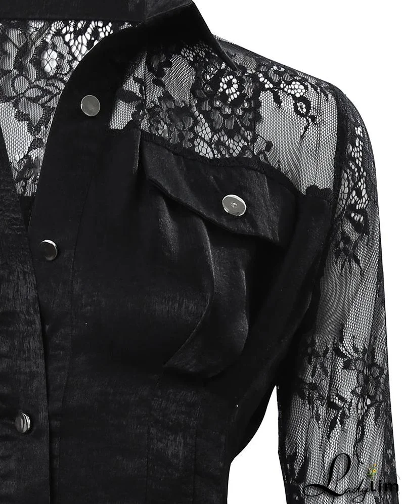 Contrast Lace Long Sleeve Button Down Shirt Dress
