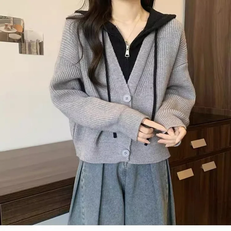 Athvotar Athvotar Fake Two Short Hooded Sweater Coat Women Autumn Fat Mm Thin Belly Knitted Shirt Topess