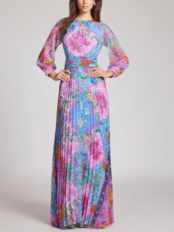 Round Neck Chiffon Print Maxi Dress