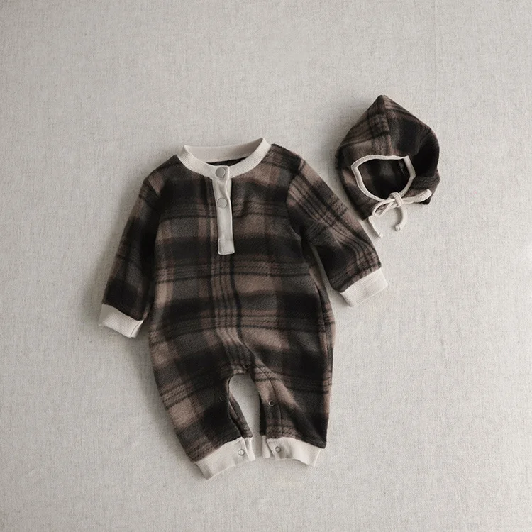 Baby Boy/Girl Button Up Long Sleeve Plaid Romper with Hat