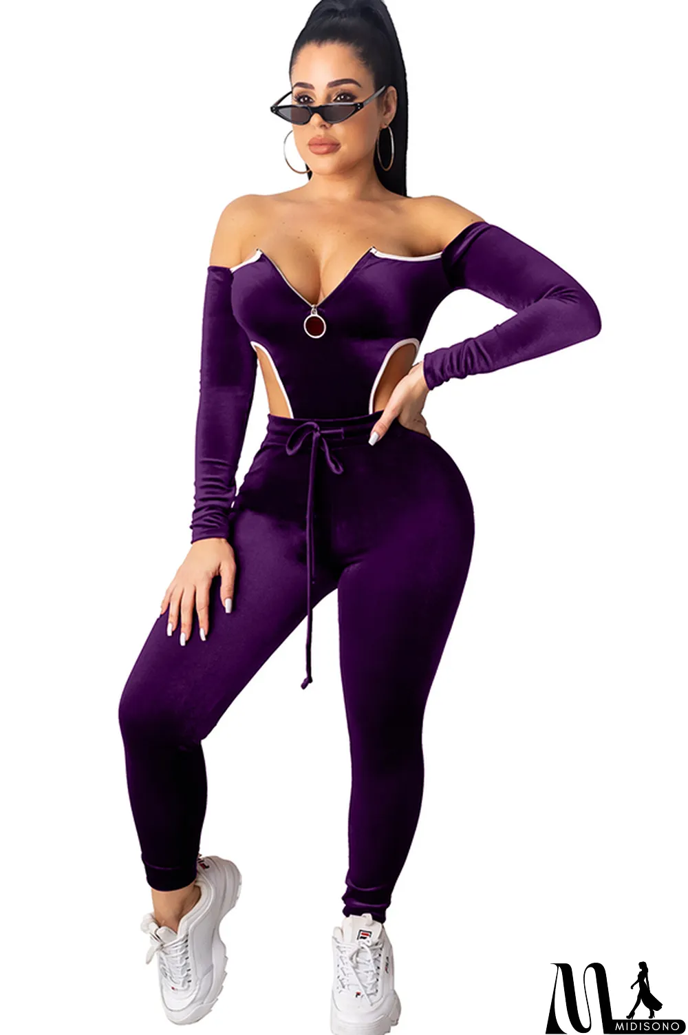 MidiSono - purple Polyester Sexy Solid Two Piece Suits pencil Long Sleeve Two-piece Pants Set
