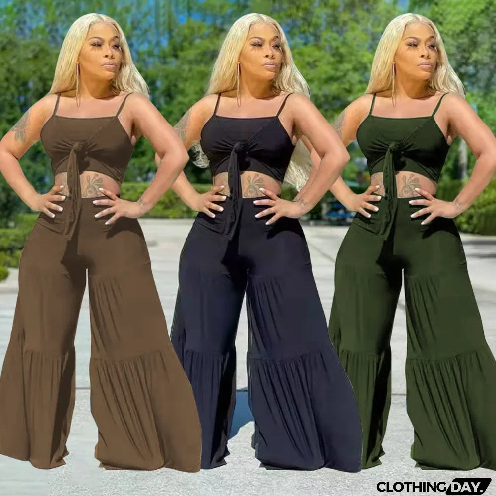 Plus Size Casual Solid Color Sling Top Loose Pants 2 Piece Sets