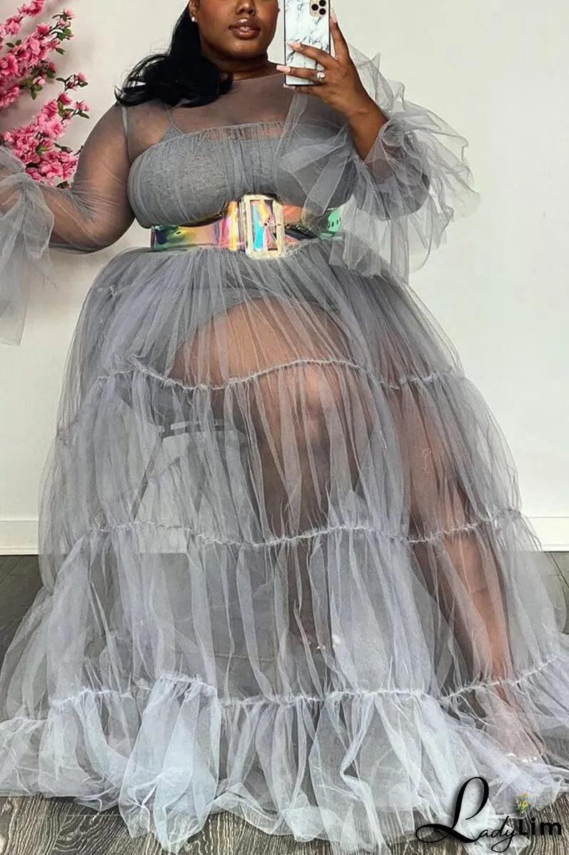Plus Size Solid Sheer Ruffle Sleeve Maxi Dresses