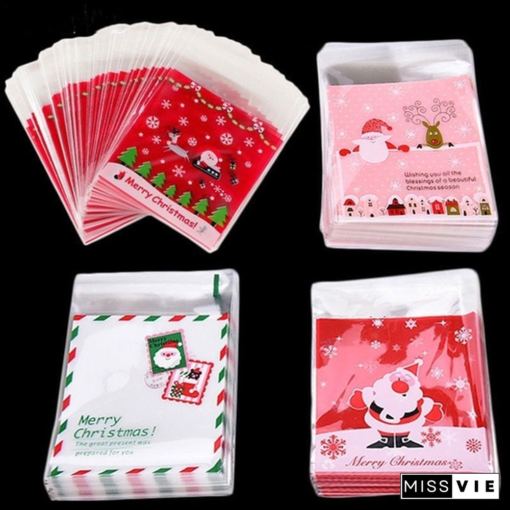 100Pcs Merry Christmas Candy Gift Bags Xmas Cellophane Santa Cello Cookies