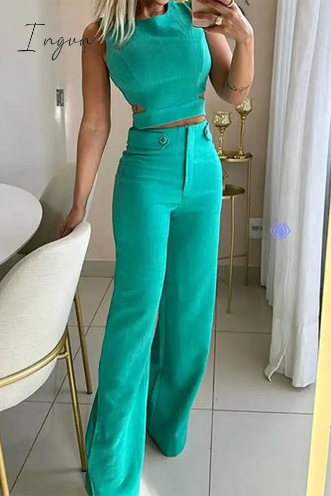 Ingvn - Casual Simplicity Solid Buttons O Neck Sleeveless Two Pieces Turquoise / S Pieces/Two-Piece