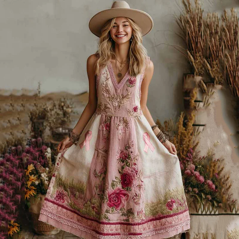 Vintage Classy Gradient Pink Roses Cancer Awareness Ribbon Embroidered Linen Maxi Dress