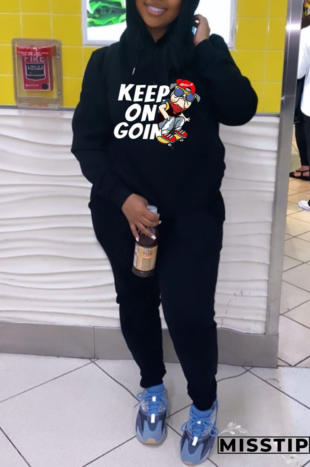 Black Fashion Casual Print Basic Hooded Collar Long Sleeve Two Pieces