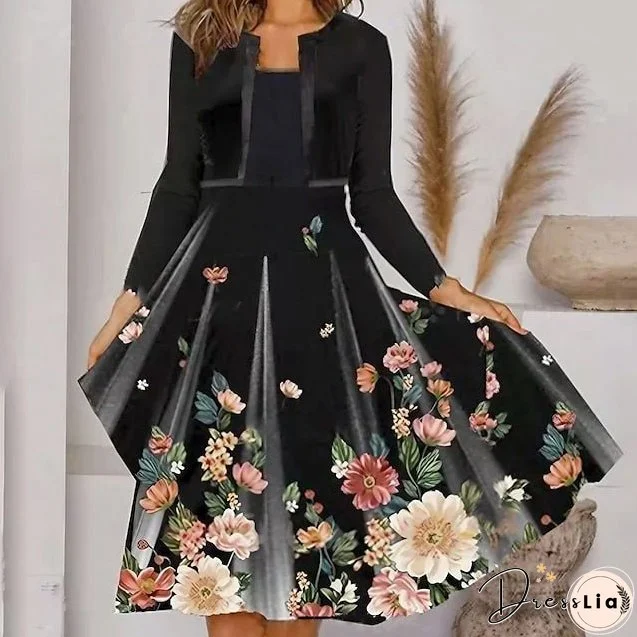 Women‘s Black Dress Cocktail Dress Casual Dress Dress Set Two Piece Dress Midi Dress Long Sleeve Floral Print Spring Fall Winter Crew Neck Fashion Winter Dress Vacation Fall Dress Loose Fit