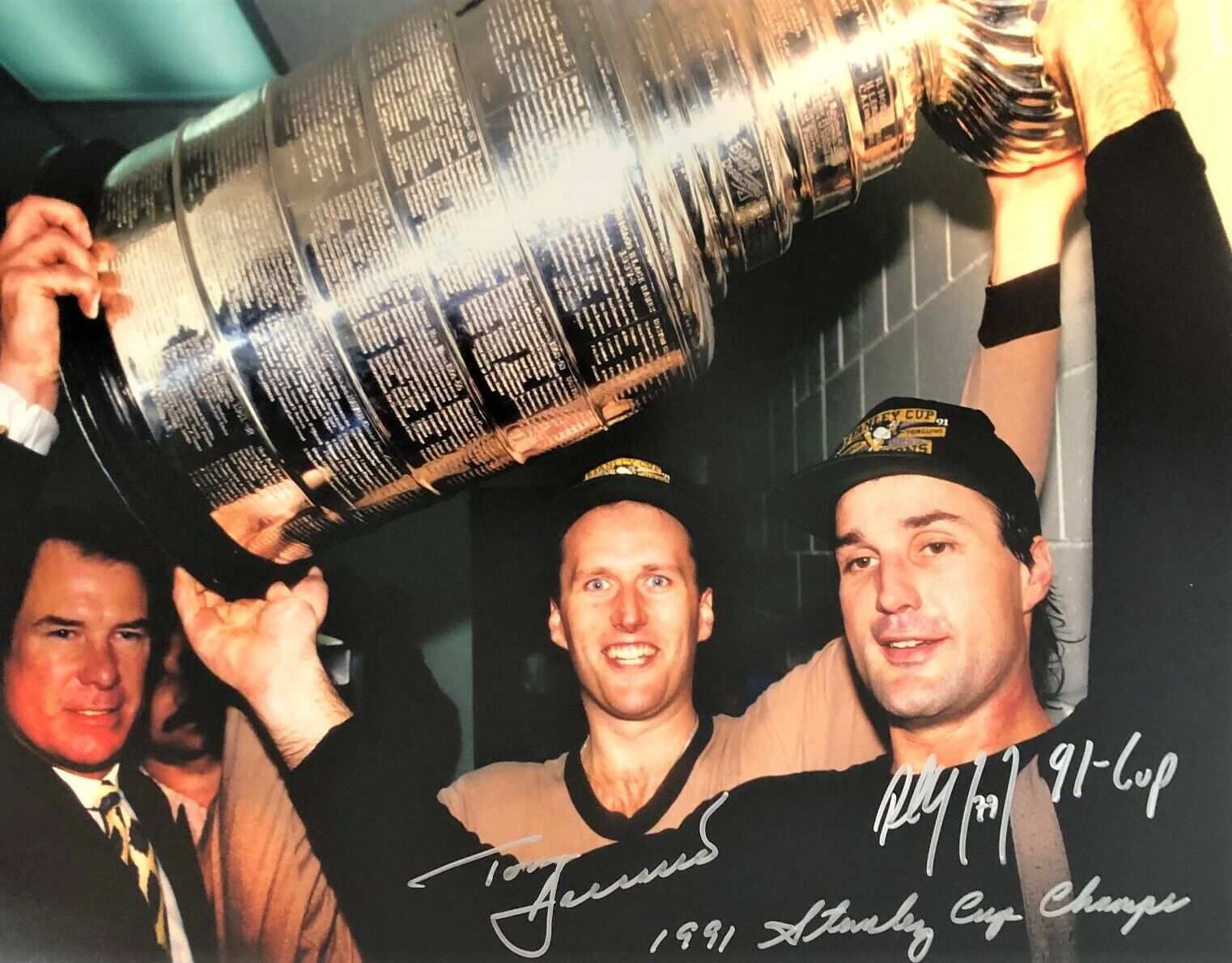 Autographed Tom Barrasso and Paul Coffey Pittsburgh Penguins 11x14 Photo Poster painting - w/COA