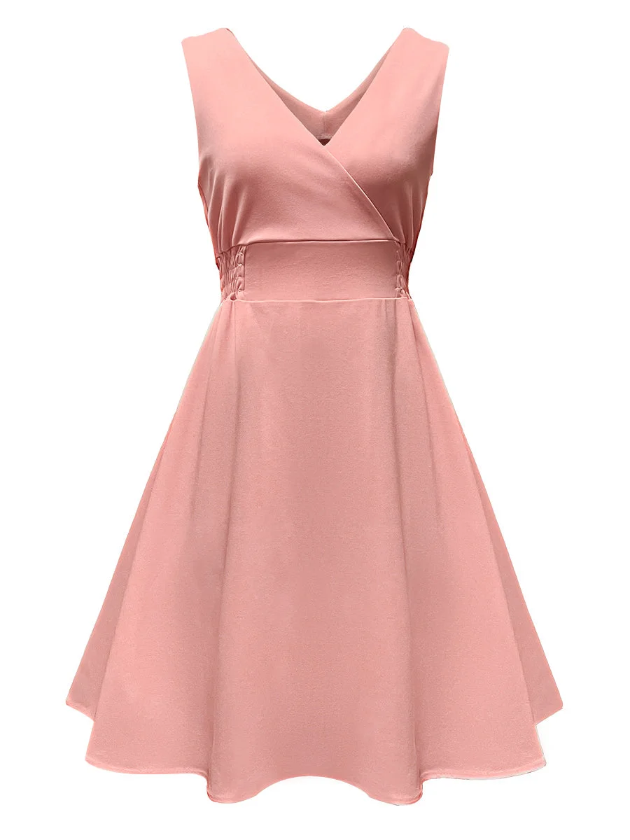 Pink Dress Cross V-neck Solid Color Sleeveless Elastic Waist Swing Dress