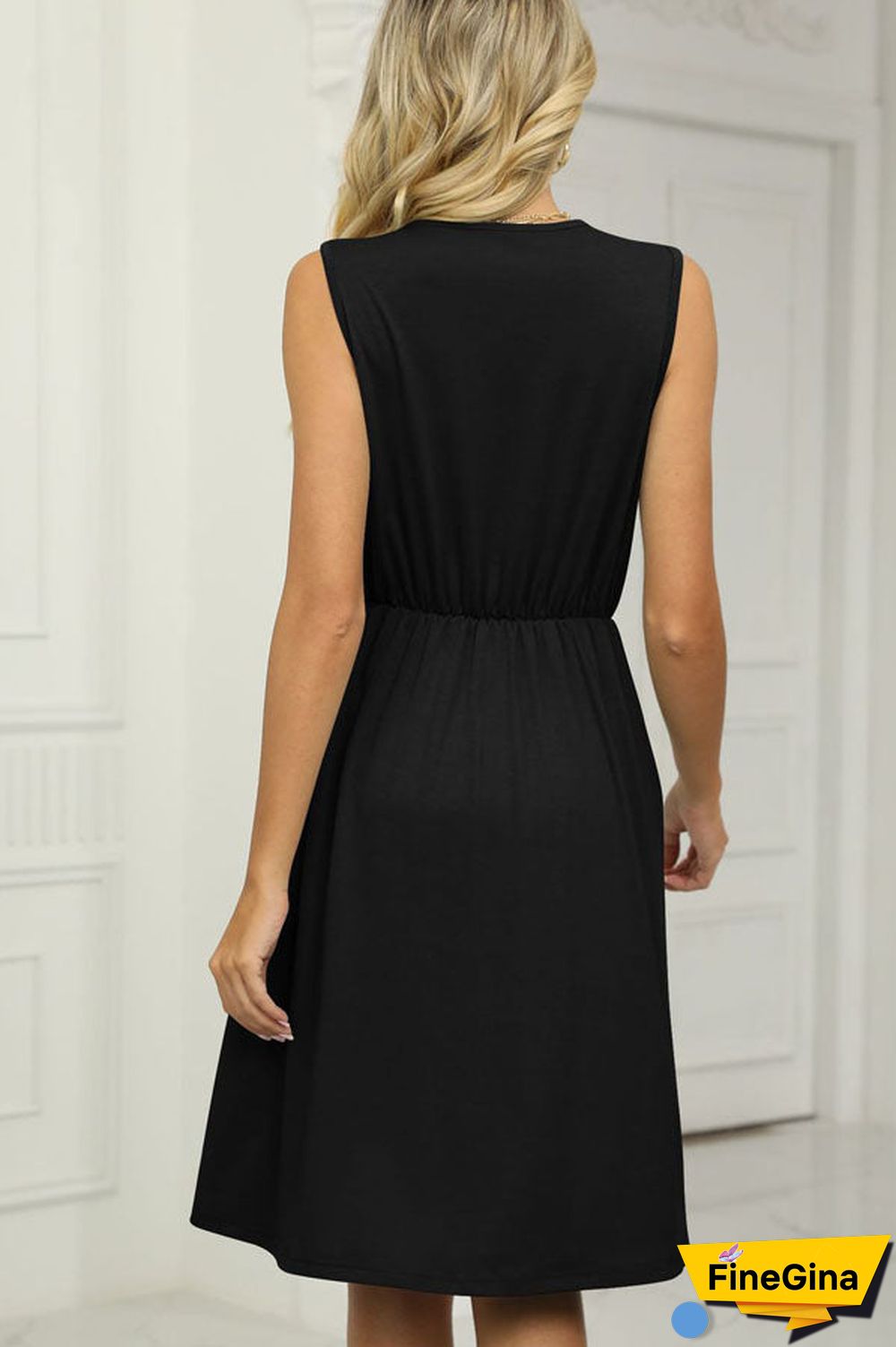 V Neck Patchwork High Waist Solid Color Dress