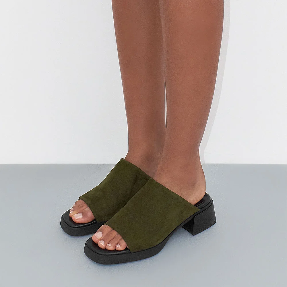 Olive Square Toe Platform Women's Mules Shoes with Chunky Heel