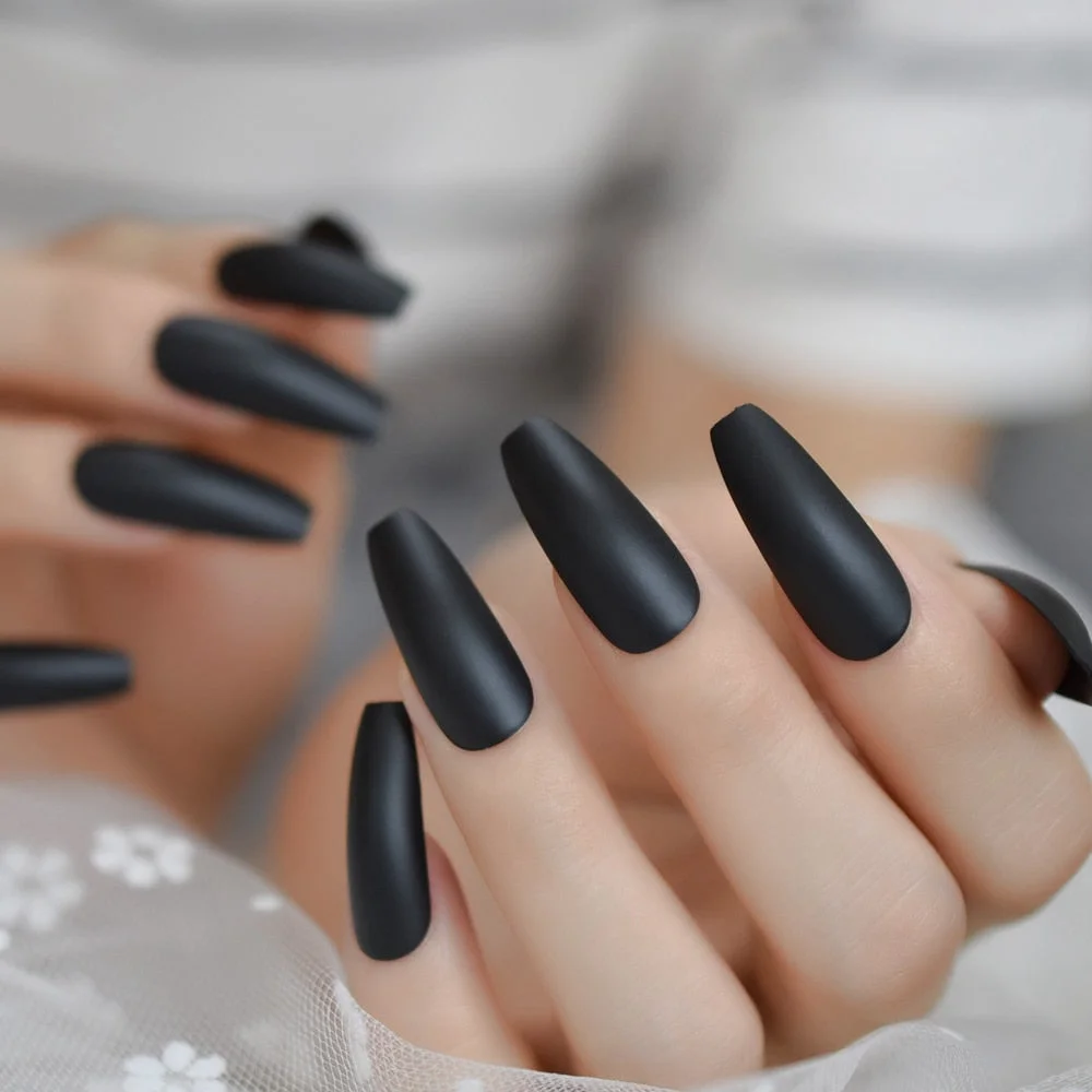 Yellow Orange Ombre Faux Ongles Fire Matte Black Flame Fake Nails Extra Long Coffin Shape Ladies Fingernails 24-Nail Inspo
